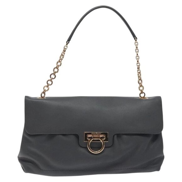 Salvatore Ferragamo Gancini Chain Shoulder Bag Leather Gray Gold Auth - Picture 9 of 15